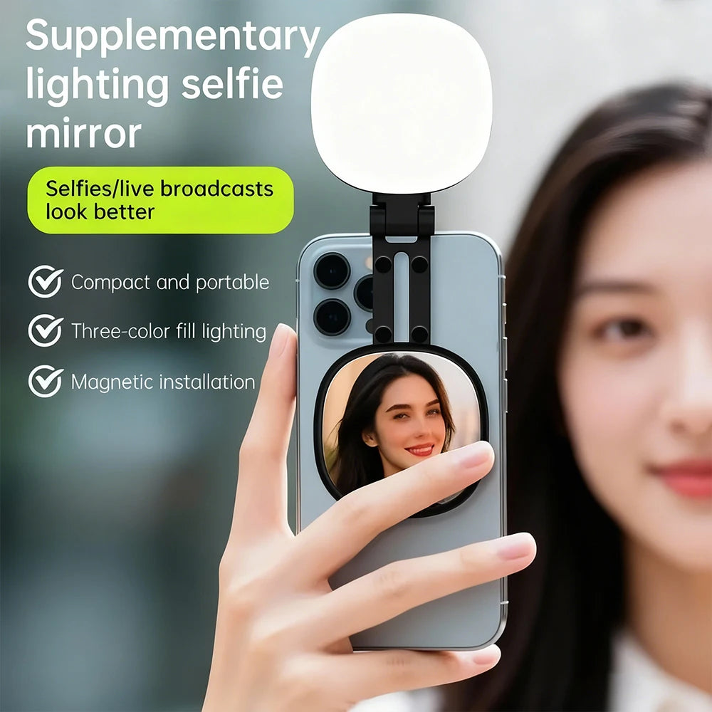 Magnetic Multi-functional Mobile Phone Selfie Mirror Mini Fill light Three-colour Adjustable Reversible Fill Light For Video
